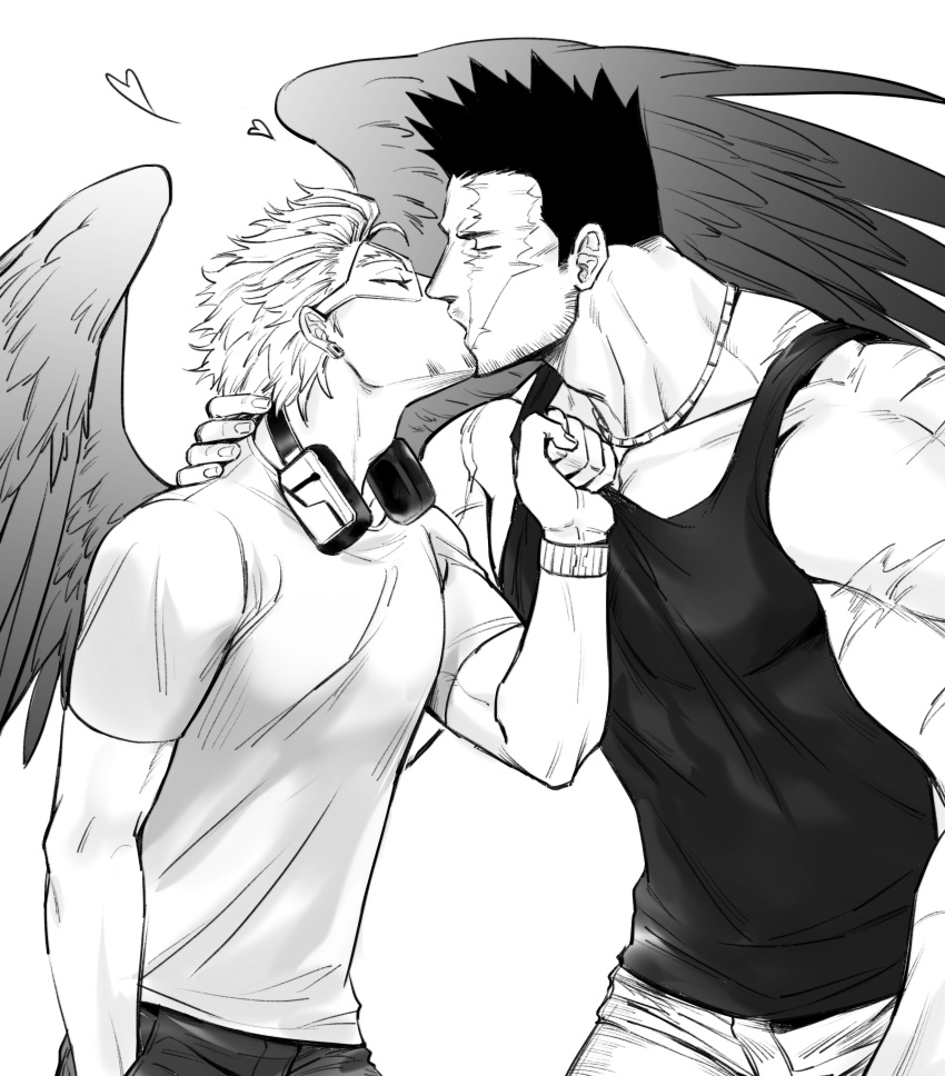 2boys absurdres bara bare_shoulders black_tank_top boku_no_hero_academia casual collarbone couple endeavor_(boku_no_hero_academia) facial_hair from_side greyscale hawks_(boku_no_hero_academia) headphones headphones_around_neck heart helen_roro highres jewelry kissing large_pectorals male_focus mature_male monochrome multiple_boys muscular muscular_male necklace pectoral_cleavage pectorals profile scar scar_across_eye scar_on_arm scar_on_face short_hair sideburns sidepec spiked_hair stubble tank_top toned toned_male yaoi