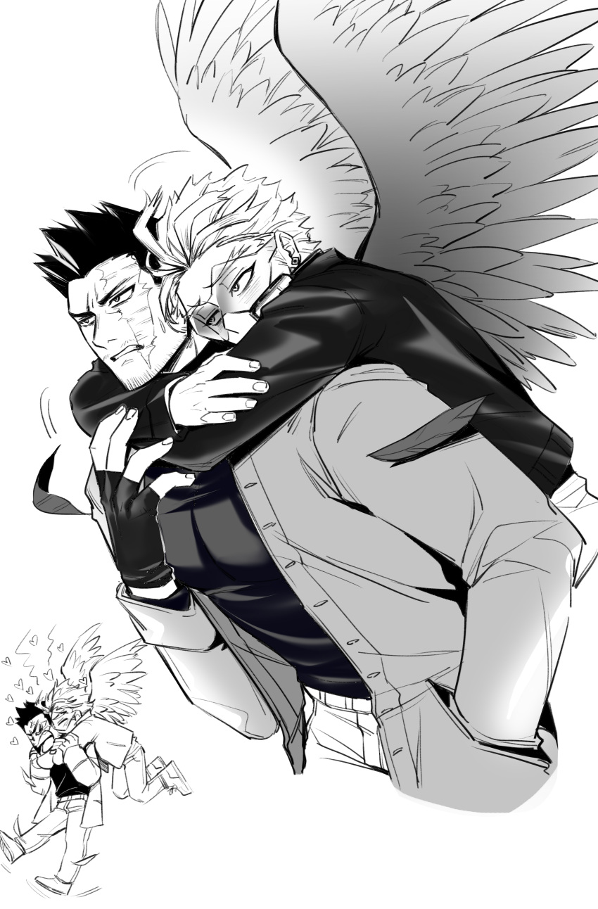 2boys absurdres alternate_costume arms_around_neck blush boku_no_hero_academia casual chibi chibi_inset couple cropped_legs endeavor_(boku_no_hero_academia) facial_hair feathered_wings greyscale hawks_(boku_no_hero_academia) helen_roro highres hug hug_from_behind jacket leaning_forward male_focus mature_male monochrome multiple_boys muscular muscular_male open_clothes open_jacket pectorals scar scar_across_eye scar_on_face shirt short_hair sideburns spiked_hair stubble tight_clothes tight_shirt wings yaoi