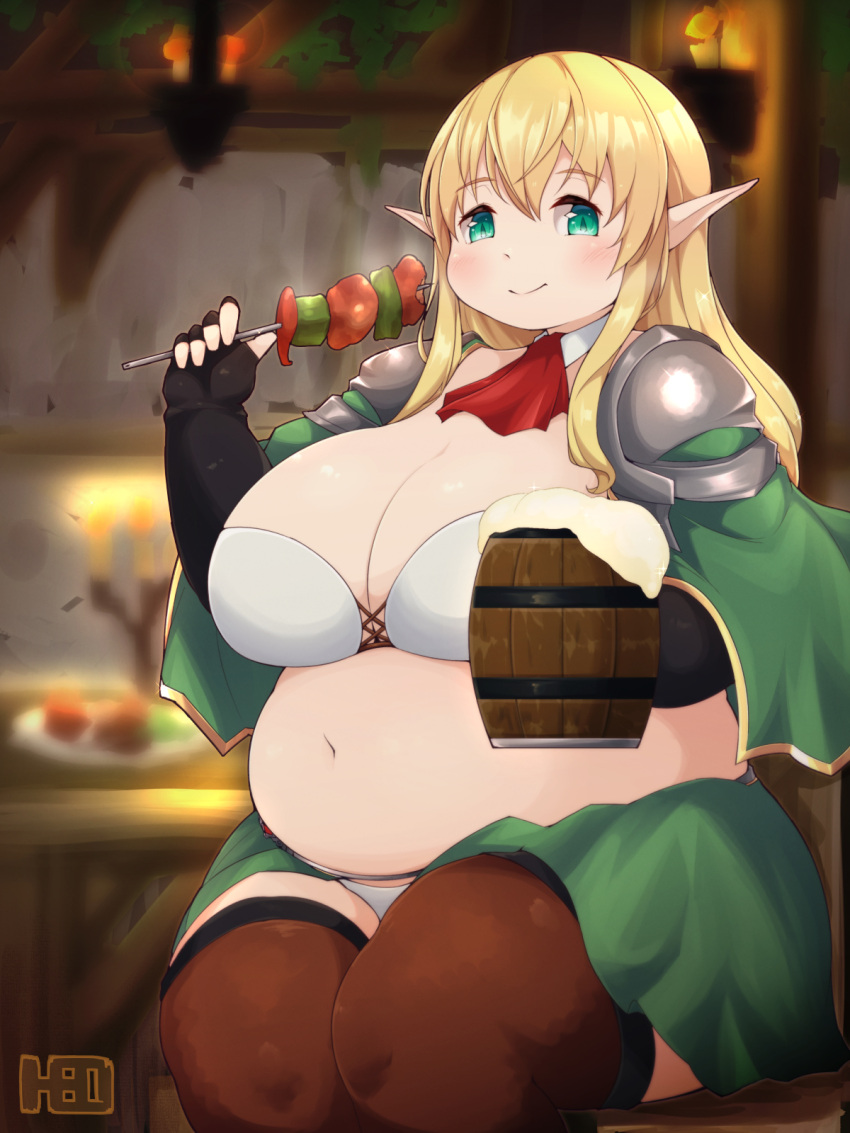 aqua_eyes armor artist_name big_belly black_gloves blonde_hair blush borrowed_character bra breasts brown_thighhighs candle candlestand cleavage closed_mouth commentary_request commission detached_collar dot_nose drink elf fat feet_out_of_frame female fingerless_gloves food gloves hair_between_eyes heo_(tkgm) highres holding holding_drink holding_food huge_breasts long_hair looking_at_viewer marureenu_(pierre_lehavre) navel original panties pointy_ears shoulder_armor sidelocks sitting skeb_commission skewer solo tankard tareme thick_thighs thighhighs thighs underwear white_bra white_panties