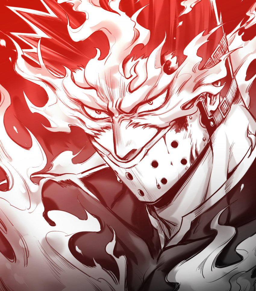 1boy absurdres angry blood bodysuit boku_no_hero_academia endeavor_(boku_no_hero_academia) fire frown helen_roro highres male_focus mask mature_male monochrome mouth_mask muscular muscular_male portrait red_theme short_hair sideburns solo spiked_hair