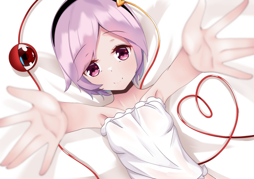 armpits bare_arms bare_shoulders black_hairband blurry blurry_foreground closed_mouth depth_of_field dutch_angle eyeball female foreshortening from_above hair_ornament hairband heart heart_hair_ornament heart_of_string highres komeiji_satori looking_at_viewer lying mantou_xiang on_back outstretched_arms purple_eyes purple_hair red_eyes short_hair smile solo third_eye touhou upper_body