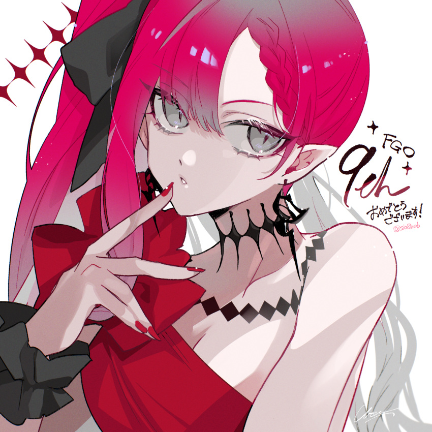 baobhan_sith_(fate) baobhan_sith_(fgo_fes._2024)_(fate) bare_shoulders breasts cleavage dress earrings fate/grand_order fate_(series) female grey_eyes hand_up highres jewelry long_hair looking_at_viewer pink_hair pointy_ears red_dress red_nails side_ponytail solo upper_body urara_(sia8artchu) white_background wrist_cuffs