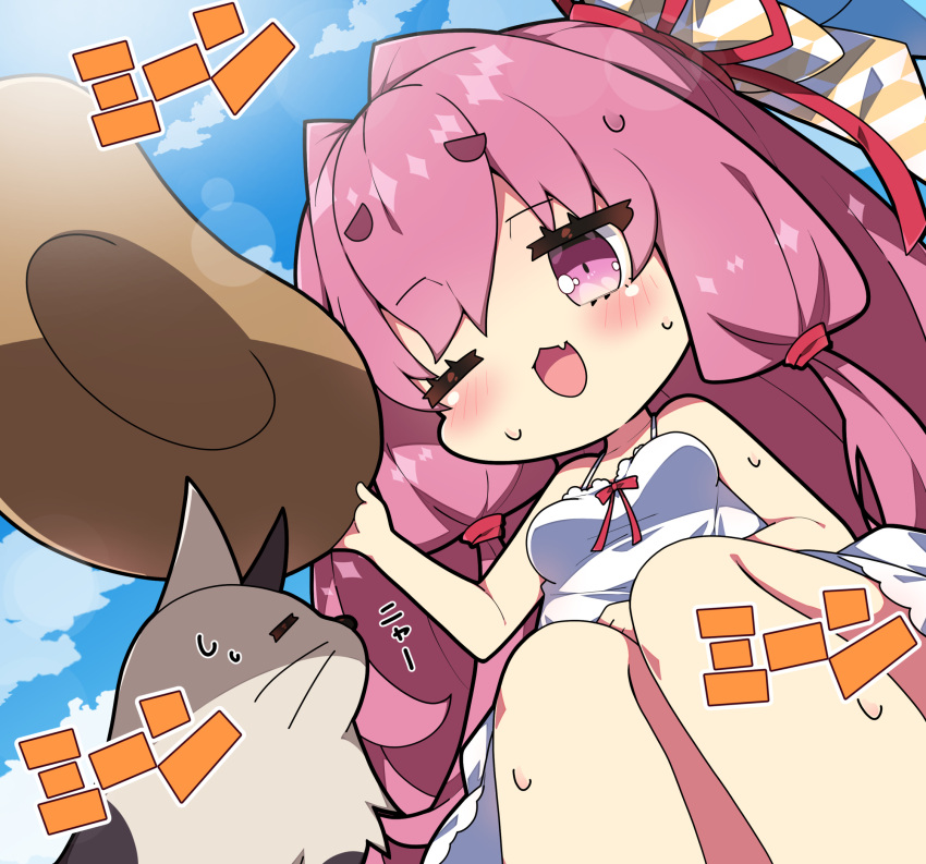 ;d animal bare_arms bare_shoulders blue_sky blush breasts brown_hat cloud commentary_request day dress feet_out_of_frame feline female hair_between_eyes hair_ribbon hat highres holding holding_clothes holding_hat kotonoha_akane long_hair medium_breasts milkpanda oerba_yun_fang one_eye_closed outdoors pink_hair purple_eyes red_ribbon ribbon sky sleeveless sleeveless_dress smile solo squatting sun_hat sweat unworn_hat unworn_headwear very_long_hair voiceroid white_dress