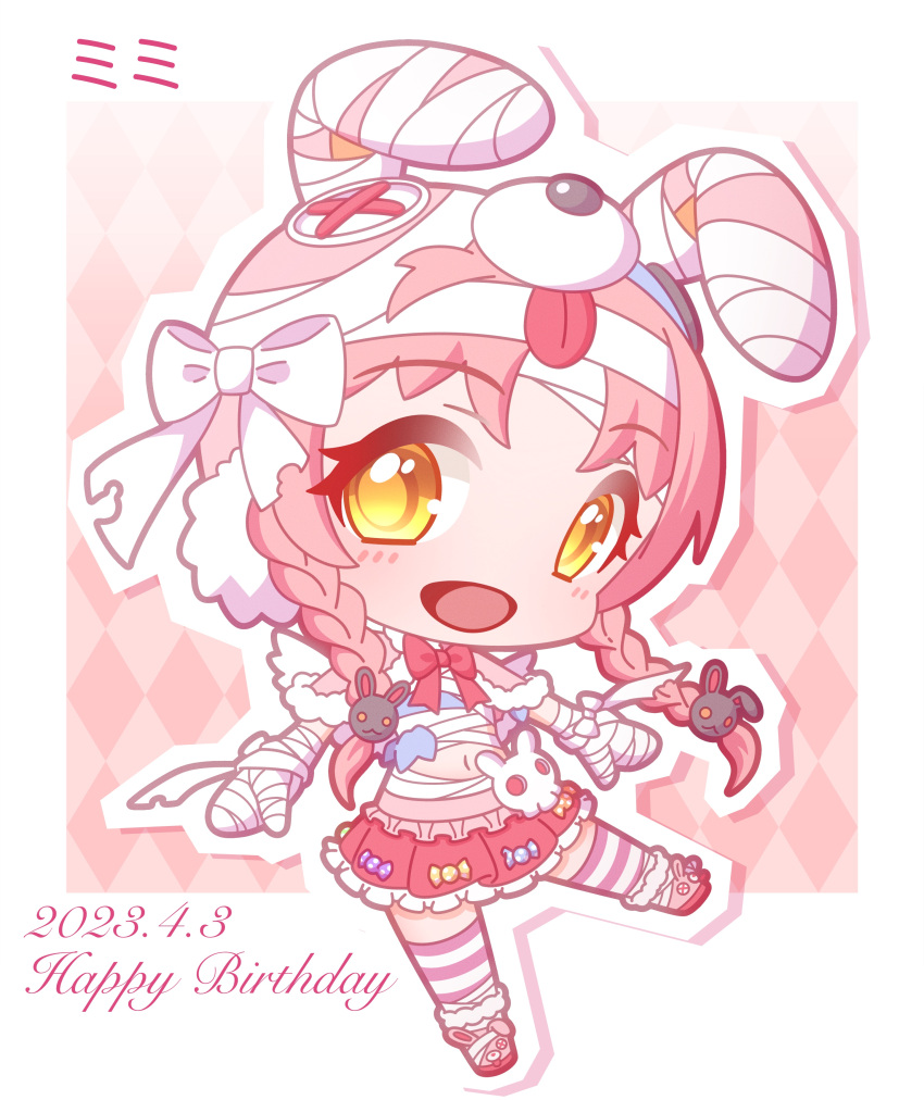 :d absurdres animal_ears animal_hat argyle_background bandaged_arm bandaged_ear bandaged_hand bandages bow braid chibi commentary_request dated fake_animal_ears female frilled_skirt frills full_body hair_ornament happy_birthday hat highres looking_at_viewer low_twintails mimi_(princess_connect!) navel outline pleated_skirt princess_connect! rabbit_ears rabbit_hair_ornament rabbit_hat red_bow red_skirt saishosaisekojo skirt smile solo striped_clothes striped_thighhighs thighhighs twin_braids twintails white_outline yellow_eyes