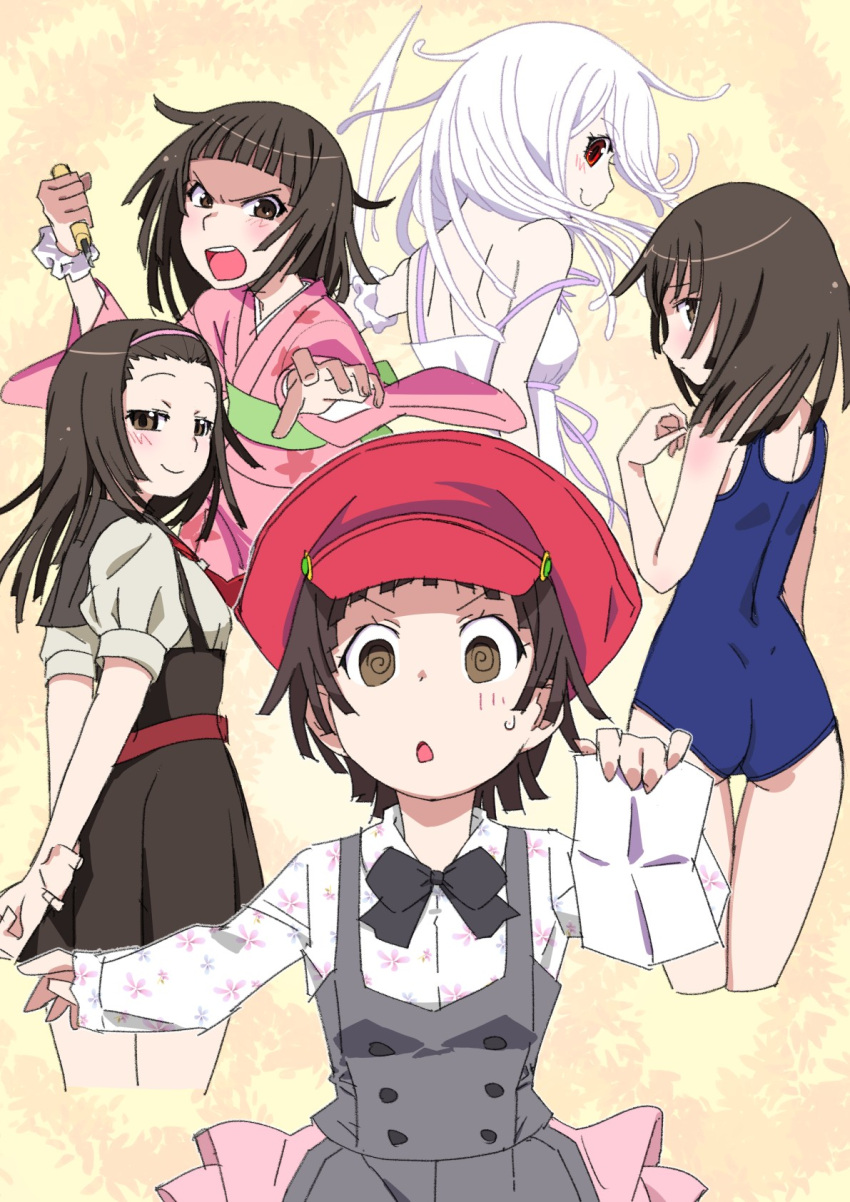 5girls :< :o @_@ angry ass bakemonogatari bare_back bare_shoulders black_bow black_bowtie blue_one-piece_swimsuit blunt_bangs blush bow bowtie breasts brown_dress brown_eyes brown_hair brown_sailor_collar buttons cabbie_hat chestnut_mouth choppy_bangs closed_mouth collared_shirt commentary cropped_legs dimples_of_venus double-breasted dress dress_ribbon dress_shirt floral_print floral_print_kimono floral_print_shirt from_side green_sash grey_romper hair_slicked_back hairband half-skirt hat highres holding holding_chisel holding_harpoon holding_paper holding_weapon incoming_attack itoma_mahimahi japanese_clothes kimono koimonogatari layered_clothes long_hair long_sleeves looking_at_viewer looking_back looking_to_the_side medium_hair monogatari_(series) multiple_girls multiple_persona nademonogatari nanahyakuichi_middle_school_uniform narrowed_eyes nervous nervous_sweating new_school_swimsuit obi one-piece_swimsuit open_mouth orange_background outstretched_arm owarimonogatari paper pinafore_dress pink_dress pink_hairband pink_kimono pink_ribbon pink_shirt pink_skirt puffy_short_sleeves puffy_sleeves reaching reaching_towards_viewer red_eyes red_hat ribbon sailor_collar sash school_swimsuit school_uniform sengoku_nadeko serafuku shaded_face shirt short_hair short_sleeves shoulder_blades shouting shy skirt sleeveless sleeveless_dress small_breasts smile snake_hair standing strap_slip sundress sweat sweatdrop swimsuit teeth two-tone_dress two-tone_shirt upper_body upper_teeth_only v-shaped_eyebrows weapon white_background white_dress white_hair white_shirt