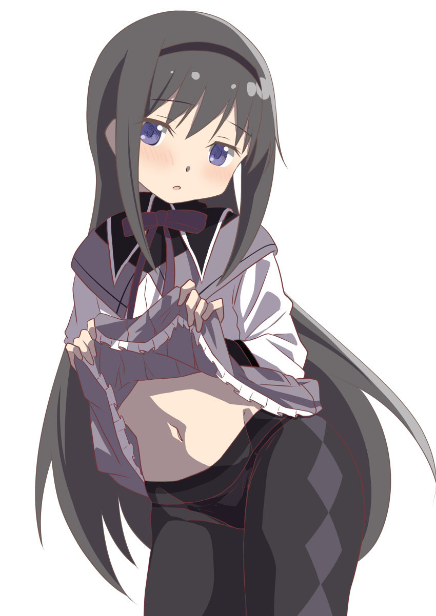 absurdres akemi_homura akemi_homura_(magical_girl) black_hair black_hairband blush clothes_lift commentary_request cowboy_shot female hairband hateri highres long_hair long_sleeves looking_at_viewer mahou_shoujo_madoka_magica midriff_peek navel panties panties_under_pantyhose pantyhose purple_eyes shirt_lift simple_background solo stomach straight_hair underwear very_long_hair white_background