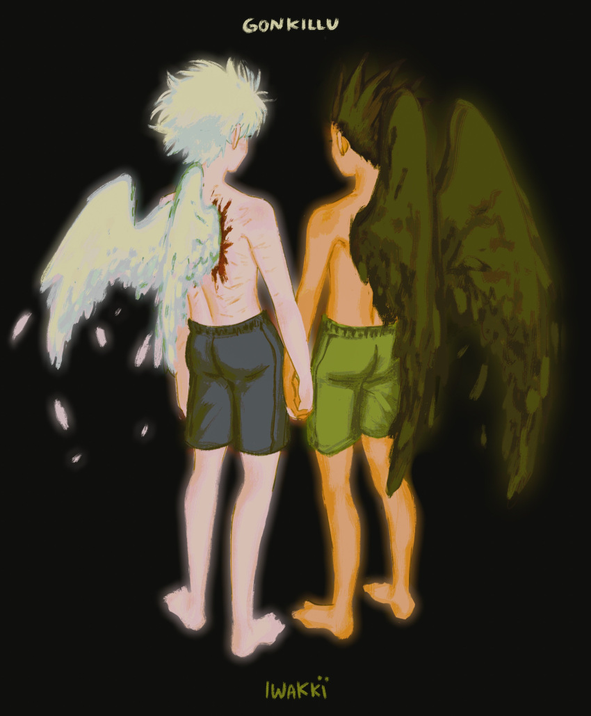 2boys absurdres angel_wings arms_at_sides artist_name barefoot bishounen black_background black_wings blood falling_feathers feathers from_behind glowing gon_freecss highres holding_hands hunter_x_hunter injury iwakki killua_zoldyck male_focus multiple_boys no_jacket no_shirt pale_skin scar scar_on_arm scar_on_back shedding shedding_feathers ship_name shorts side-by-side simple_background standing topless_male whip_marks white_feathers white_wings wings yaoi