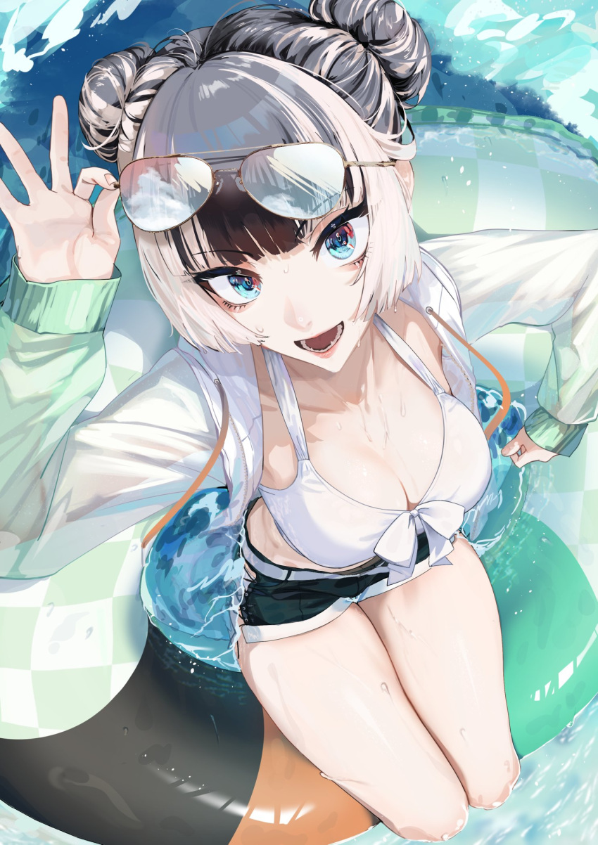 bikini black_hair black_shorts blonde_hair blue_eyes breasts cleavage cross-laced_clothes cross-laced_shorts eyewear_on_head female highres hololive hololive_dev_is innertube jacket juufuutei_raden murechika open_clothes open_jacket open_mouth short_shorts shorts solo sunglasses swim_ring swimsuit virtual_youtuber water wet white_bikini white_jacket zipper