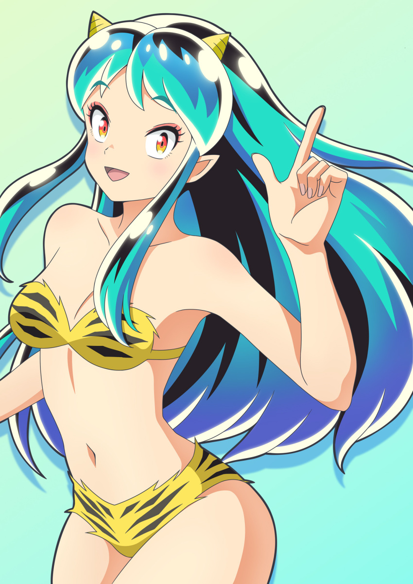 animal_print bikini blush breasts cleavage commentary_request cone_horns female green_background green_hair green_theme highres horns long_hair looking_at_viewer lum medium_breasts navel oni open_mouth orange_eyes pointy_ears smile solo strapless strapless_bikini swimsuit tiger_print urusei_yatsura watasi