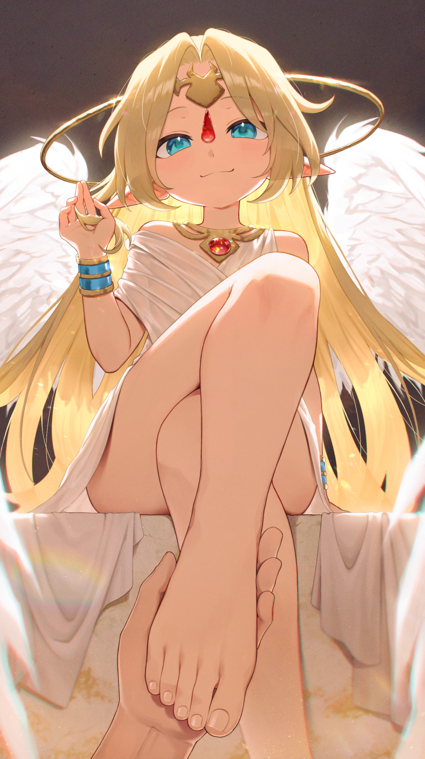 absurdres angel angel_wings bare_shoulders barefoot blonde_hair blue_eyes closed_mouth commentary_request crossed_legs dress feathered_wings feet female foot_focus foot_out_of_frame foreshortening gem gold_circlet highres holding holding_another's_foot holding_own_hair ilias jewelry long_hair long_pointy_ears looking_at_viewer mon-musu_quest! mon-musu_quest:_paradox neck_ring parted_bangs pointy_ears pov pov_hands presenting_foot red_gemstone reiji-rj sitting smile solo_focus split_mouth toenails toes very_long_hair white_dress white_wings wings