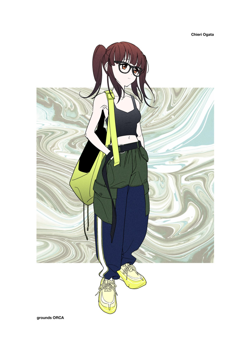 abstract_background acubi_tomaranai armpits bag baggy_pants bare_shoulders belt black-framed_eyewear black_belt black_camisole blue_pants brown_eyes brown_hair camisole character_name collarbone crop_top female full_body glasses green_pants hands_in_pockets highres idolmaster idolmaster_cinderella_girls light_smile long_hair multicolored_pants navel ogata_chieri pants shoes shoulder_bag sidelocks sneakers solo standing twintails yellow_bag yellow_footwear