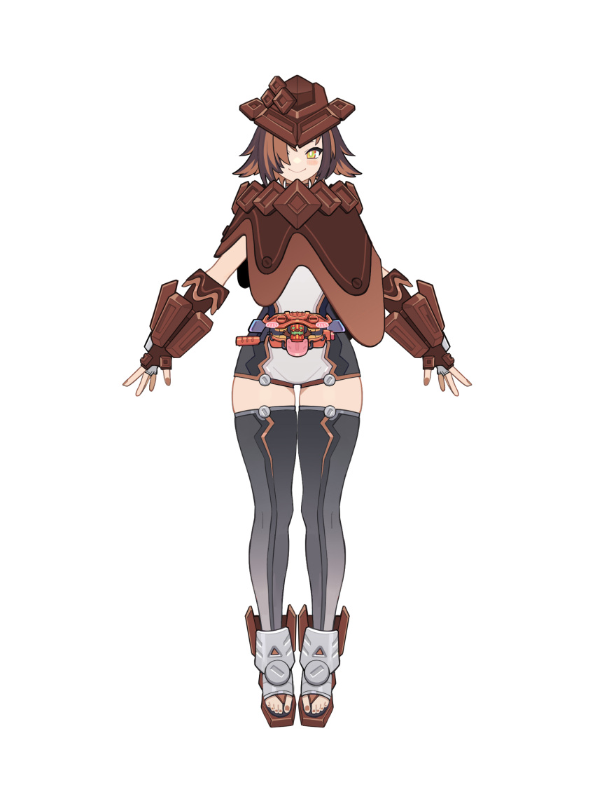 absurdres brown_gloves brown_hair capelet chocolate closed_mouth cowboy_hat female fingerless_gloves full_body gloves goz-zz grey_thighhighs hair_over_one_eye hat highres kamen_rider kamen_rider_gavv kamen_rider_gavv_(series) leotard looking_at_viewer multicolored_hair one_eye_covered personification rider-tan rider_belt short_hair shorts simple_background smile solo standing streaked_hair thighhighs two-tone_hair white_background yellow_eyes