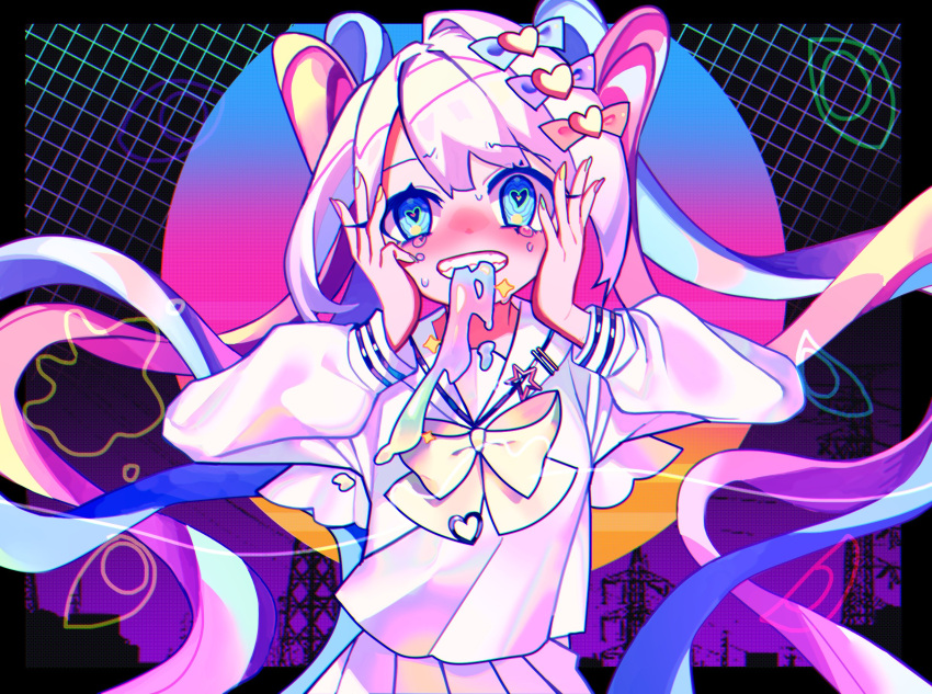 blue_bow blue_eyes blue_hair blue_nails blue_sailor_collar blush bow bowtie chouzetsusaikawa_tenshi-chan crying crying_with_eyes_open female floating_hair furrowed_brow green_nails grin hairbow hands_on_own_cheeks hands_on_own_face hands_up hashtag-only_commentary heart heart-shaped_pupils highres holographic_clothing long_hair long_sleeves multicolored_nails nail_polish needy_girl_overdose orange_bow pink_hair pink_nails pleated_skirt puffy_long_sleeves puffy_sleeves purple_bow quad_tails sailor_collar school_uniform serafuku shirt single_hair_intake skirt smile solo sparkle stylishtrash sweat symbol-shaped_pupils tears uneven_eyes upper_body vaporwave very_long_hair vomit white_hair white_serafuku white_shirt white_skirt wide-eyed yellow_bow yellow_bowtie yellow_nails