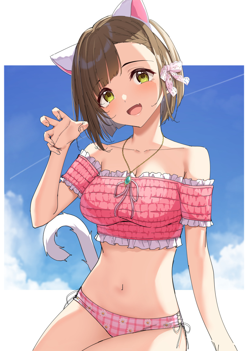 absurdres animal_ear_hairband animal_ears asymmetrical_bangs bikini blunt_ends blush breasts brown_hair cat_ear_hairband cat_ears cat_tail claw_pose cleavage collarbone cross-laced_bikini cross-laced_clothes fake_animal_ears fake_tail female frilled_bikini frills go-1 hairband head_tilt highres idolmaster idolmaster_cinderella_girls looking_at_viewer maekawa_miku medium_breasts navel oerba_yun_fang pink_bikini short_hair side-tie_bikini_bottom skin_fang smile solo stomach swimsuit tail