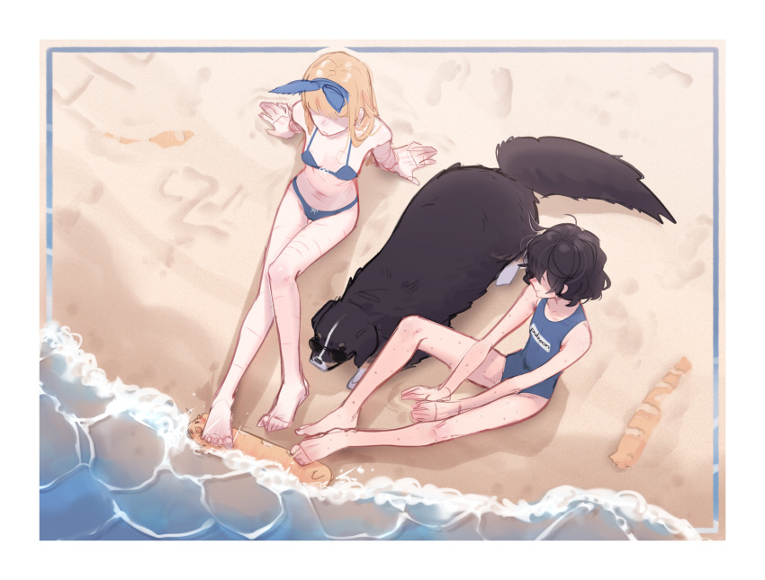 2girls absurdres arm_support barefoot beach bernese_mountain_dog bikini blind_girl's_dog_(popopoka) blind_girl_(popopoka) blonde_girl_(popopoka) blue_bikini blue_one-piece_swimsuit canine cat_baguette_(popopoka) from_above highres multiple_girls one-piece_swimsuit original popopoka sitting swimsuit water