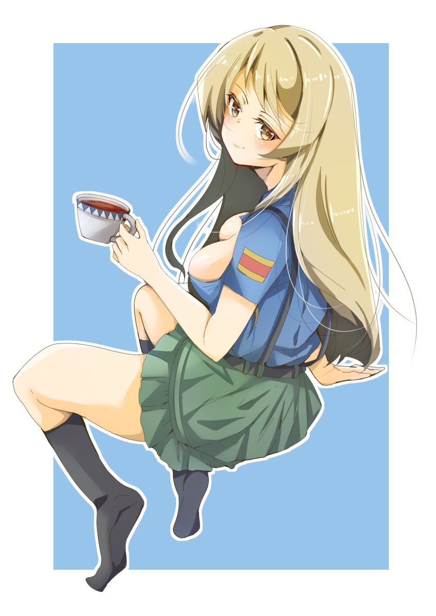 absurdres alternate_costume aoshidan_school_uniform black_socks blonde_hair blue_background blue_shirt breasts cleavage commentary_request cosplay costume_switch cup earl_grey_(girls_und_panzer) female girls_und_panzer green_skirt highres holding holding_cup large_breasts long_hair looking_at_viewer miniskirt namatyoco no_shoes school_uniform shirt skirt socks suspenders teacup