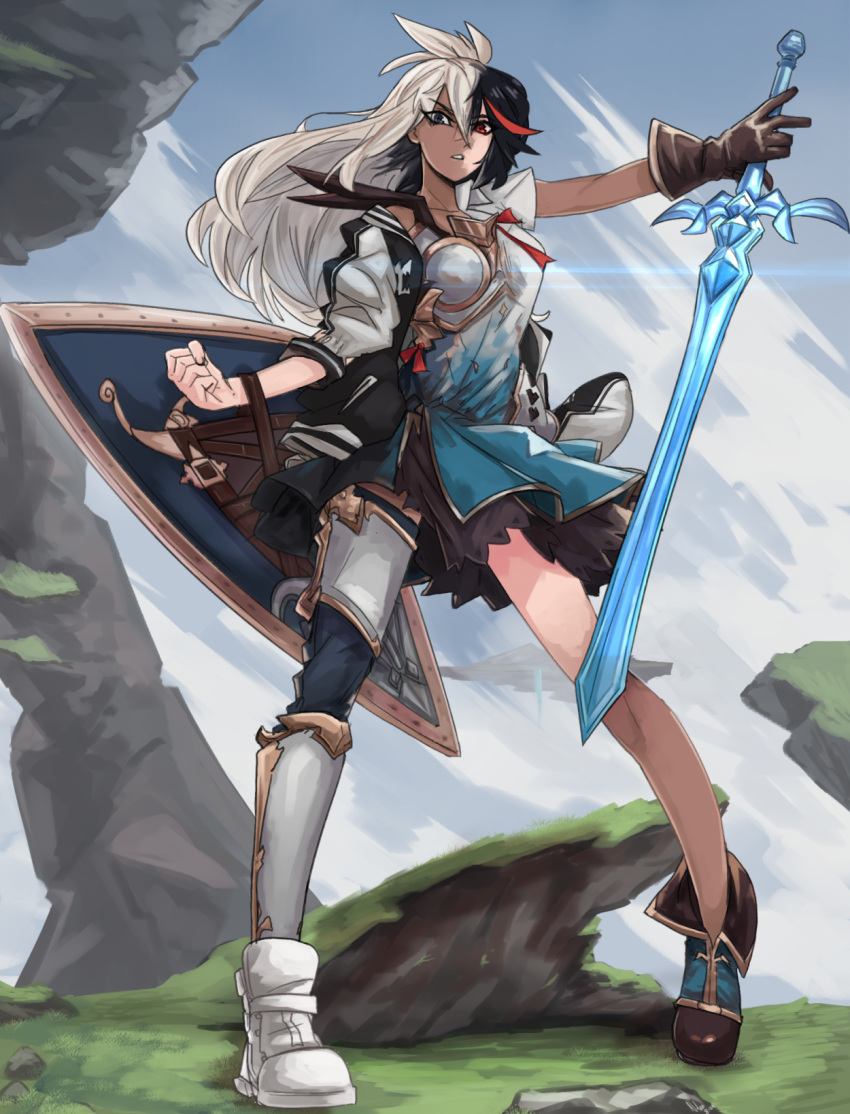 arm_shield black_hair black_skirt blue_dress blue_eyes boobplate boots brown_footwear brown_gloves clenched_hand dress english_commentary female gloves granblue_fantasy grey_hair heterochromia highres holding holding_sword holding_weapon kamuify kill_la_kill koshimizu_ami long_hair matoi_ryuuko multicolored_hair red_eyes red_hair single_glove single_thighhigh skirt solo streaked_hair sword thighhighs transformation voice_actor_connection weapon white_sneakers zooey_(granblue_fantasy)