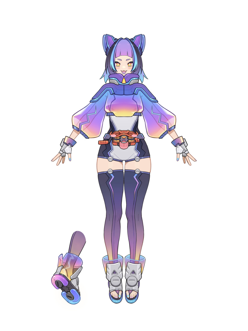 absurdres blue_hair blue_nails blunt_bangs female fingerless_gloves full_body gloves goz-zz highres inline_skates kamen_rider kamen_rider_gavv kamen_rider_gavv_(series) looking_at_viewer medium_hair multicolored_footwear multicolored_hair nail_polish open_hands personification purple_hair purple_thighhighs rider-tan rider_belt roller_skates see-through simple_background skates solo standing thighhighs white_background white_gloves yellow_eyes