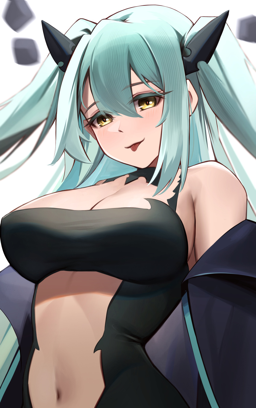 :p absurdres arbiter_the_hermit_ix_(azur_lane) azur_lane bare_shoulders black_jacket black_leotard blurry blurry_background breasts cleavage clothing_cutout commission female green_hair hair_between_eyes highres jacket large_breasts leotard light_blush long_hair looking_at_viewer masamura_(masamura_eliza) navel off_shoulder second-party_source sidelocks siren_(azur_lane) solo stomach stomach_cutout tongue tongue_out two_side_up yellow_eyes