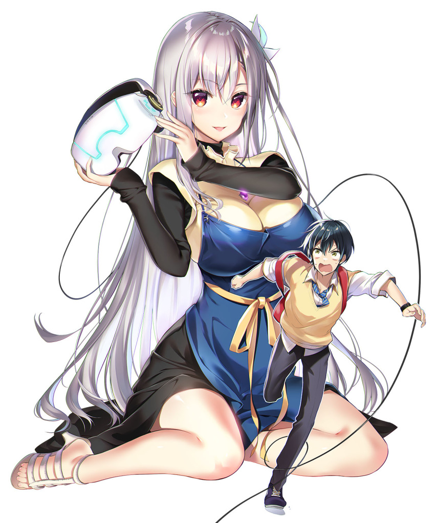 1boy apron black_hair breasts dress female gladiator_sandals grey_hair hair_ornament head-mounted_display highres holding kisaragi_reona kyuukyoku_shinka_shita_full_dive_rpg_ga_genjitsu_yori_mo_kusoge_dattara large_breasts long_hair long_sleeves official_art sandals simple_background unworn_eyewear youta yuuki_hiro