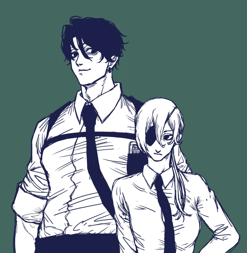 1boy 1dvelwohxzkm7xz adam's_apple aged_down bad_id bad_twitter_id black_eyes black_hair black_necktie body_straps business_suit chainsaw_man collared_shirt ear_piercing earrings eyepatch female formal hair_between_eyes height_difference highres jewelry kishibe_(chainsaw_man) kishibe_(young)_(chainsaw_man) long_hair long_sleeves looking_at_another looking_at_viewer necktie piercing quanxi_(chainsaw_man) shirt shirt_tucked_in short_hair sleeves_rolled_up smile suit