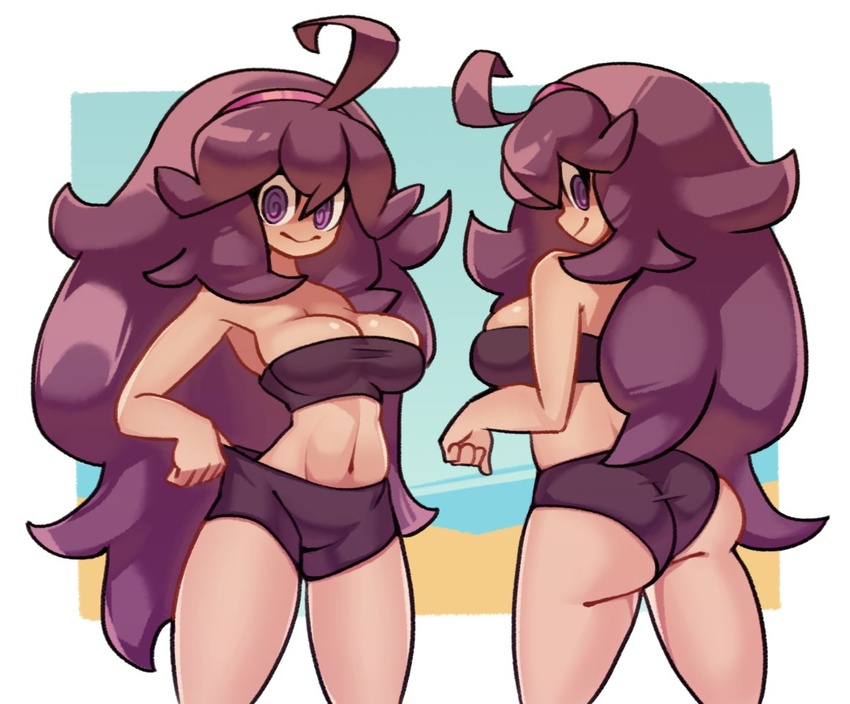 @_@ ahoge alternate_breast_size alternate_costume ass bandeau border breasts cleavage closed_mouth commentary cowboy_shot crop_top curly_hair female hair_between_eyes hairband hex_maniac_(pokemon) kurt_robinson long_hair looking_down midriff multiple_views navel pokemon pokemon_xy purple_eyes purple_hair shorts shorts_tug smile white_border