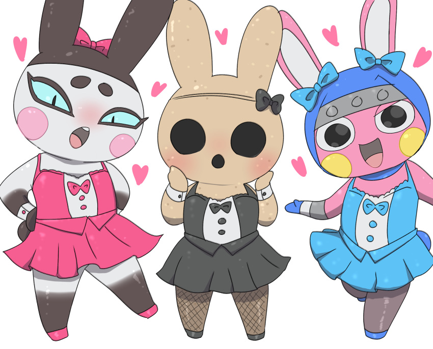 animal_crossing anthro clothed clothing coco_(animal_crossing) crossdressing dress featureless_feet feet female fishnet_clothing fishnet_legwear genji_(animal_crossing) group gyroid heart_symbol hi_res lagomorph legwear leporid looking_at_viewer male mammal moichi_(pixiv) nintendo open_mouth open_smile rabbit simple_background smile snake_(animal_crossing) white_background