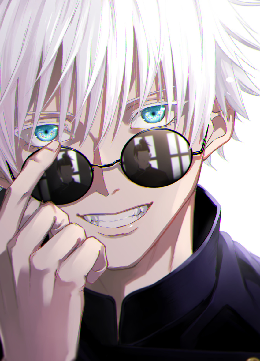 1boy black_jacket blue_eyes getou_suguru gojou_satoru grin hair_between_eyes hand_up highres jacket jujutsu_kaisen looking_at_viewer male_focus natsupa portrait reflection round_eyewear short_hair simple_background smile solo_focus sunglasses white_background white_hair