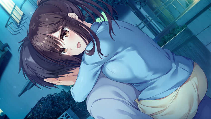 black_hair blush brown_eyes brown_hair building futagawa_haru game_cg hibiki_works male night oryou ponytail re_cation_~melty_healing~ short_hair