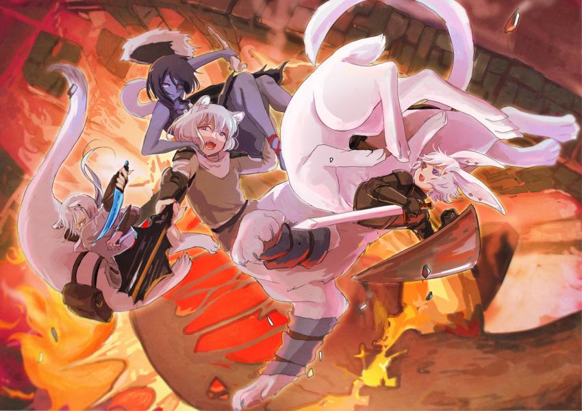 4girls :o animal_ears bag black_hair brown_shirt centauroid cornelia_(mountain_of_heaven) dark-skinned_female dark_skin falling fire handbag highres holding holding_knife holding_shield holding_sword holding_weapon imacomai kanabi_(mountain_of_heaven) knife lava lion_ears long_hair long_sleeves mace monster_girl multiple_girls outdoors pixiv_fantasia pixiv_fantasia_mountain_of_heaven rabbit_ears red_eyes repa_(mountain_of_heaven) shield shirt smirk sword tail taur weapon white_hair yora_(mountain_of_heaven)