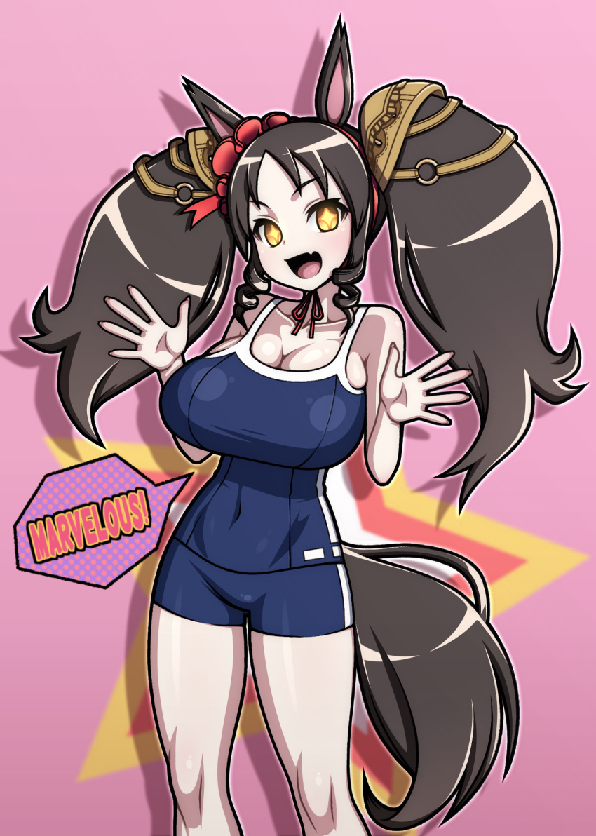 +_+ :d animal_ears big_hair black_hair blue_one-piece_swimsuit breasts character_name chin_strap cleavage collarbone competition_school_swimsuit covered_navel drill_hair drill_sidelocks english_text eron feet_out_of_frame female fingernails flower hair_flower hair_ornament hairband hands_up happy highres horse_ears horse_girl horse_tail large_breasts long_fingernails long_hair looking_at_viewer marvelous_sunday_(umamusume) o-ring oerba_yun_fang one-piece_swimsuit open_mouth oppai_loli outline parted_bangs pink_background polka_dot polka_dot_background red_flower red_hairband red_ribbon ribbon saddle school_swimsuit shadow sideboob sidelocks simple_background skin_fang smile solo speech_bubble standing star_(symbol) swimsuit symbol-shaped_pupils tail tail_through_clothes taut_clothes thighs tracen_swimsuit twin_drills twintails umamusume v-shaped_eyebrows yellow_eyes