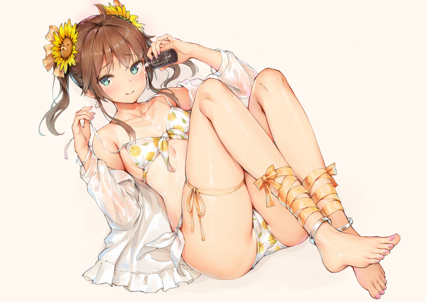 ahoge anklet aqua_eyes ass bare_shoulders barefoot bikini breasts brown_hair cameltoe collarbone commentary feet female flower front-tie_bikini_top front-tie_top full_body hair_flower hair_ornament halterneck highres holding hololive jacket jewelry knees_up leg_ribbon lemon_print long_hair long_sleeves looking_at_viewer nail_polish natsuiro_matsuri natsuiro_matsuri_(summer_2020) off_shoulder open_clothes open_jacket pouring print_bikini ribbon see-through sidelocks simple_background skindentation small_breasts smile solo string_bikini sunflower swimsuit sy4 thigh_strap thighs toenail_polish toenails twintails untied_bikini virtual_youtuber white_background white_bikini white_jacket