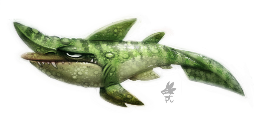 ambiguous_gender black_eyes digital_media_(artwork) digital_painting_(artwork) fangs feral fish goblin_shark green_body green_scales mackerel_shark marine mitsukurinid piper_thibodeau scales shark simple_background solo tan_body tan_scales teeth white_background