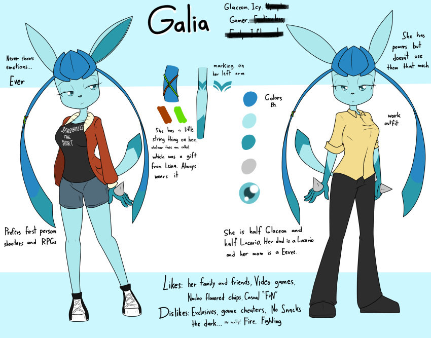 2019 anthro anthrofied blue_body blue_fur blue_hair bottomwear breasts clothing digital_media_(artwork) eeveelution english_text eyelashes feet female fingers footwear fur galia_(sandwich-anomaly) generation_4_pokemon glaceon hair hi_res hybrid looking_at_viewer lucario model_sheet nintendo pokemon pokemon_(species) pokemorph sandwich-anomaly shoes shorts simple_background solo spaceballs standing teal_eyes text