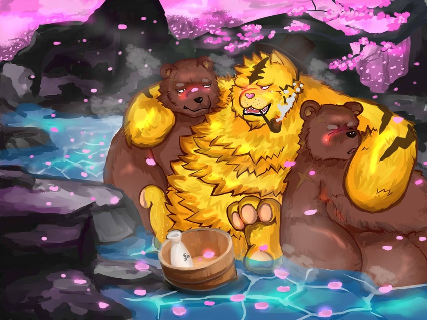 2014 4:3 anthro bathing bear bigfoot_(ragnarok_online) blush brown_body brown_fur closed_eyes eddga felid fur group hug luluangel male mammal outside overweight overweight_male pantherine pink_nose ragnarok_online sitting smoking tiger water yellow_body yellow_fur