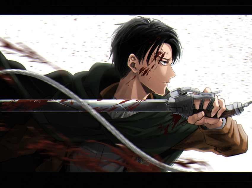 1boy black_hair blood blood_on_clothes blood_on_face blood_splatter blue_eyes brown_jacket cloak closed_mouth fighting_stance green_cloak holding holding_sword holding_weapon jacket letterboxed levi_(shingeki_no_kyojin) long_sleeves looking_away male_focus natsupa paradis_military_uniform profile shingeki_no_kyojin shirt short_hair solo survey_corps_(emblem) sword upper_body weapon white_background white_shirt