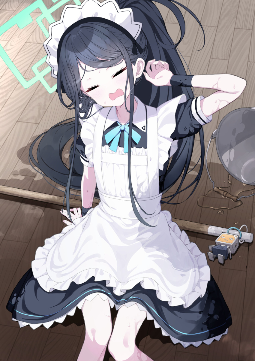 <key>_(robot)_(blue_archive) apron aris_(blue_archive) aris_(maid)_(blue_archive) arm_support armband black_armband black_dress black_hair blue_archive blue_ribbon broom bucket bucket_of_water bucket_spill closed_eyes collared_dress commentary_request dress facing_viewer feet_out_of_frame female frilled_apron frills from_above furrowed_brow halo head_tilt highres knees_together_feet_apart long_hair maid maid_apron maid_headdress neck_ribbon nogami_(minamiituki) official_alternate_costume on_floor open_mouth ponytail puffy_short_sleeves puffy_sleeves raised_eyebrows ribbon short_dress short_sleeves sitting solo spill swept_bangs very_long_hair wavy_mouth wet wet_clothes wet_floor wooden_floor