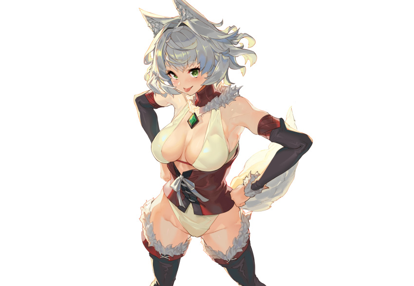 animal_ears blush boots breasts croriin gray_hair green_eyes original short_hair tail thighhighs third-party_edit