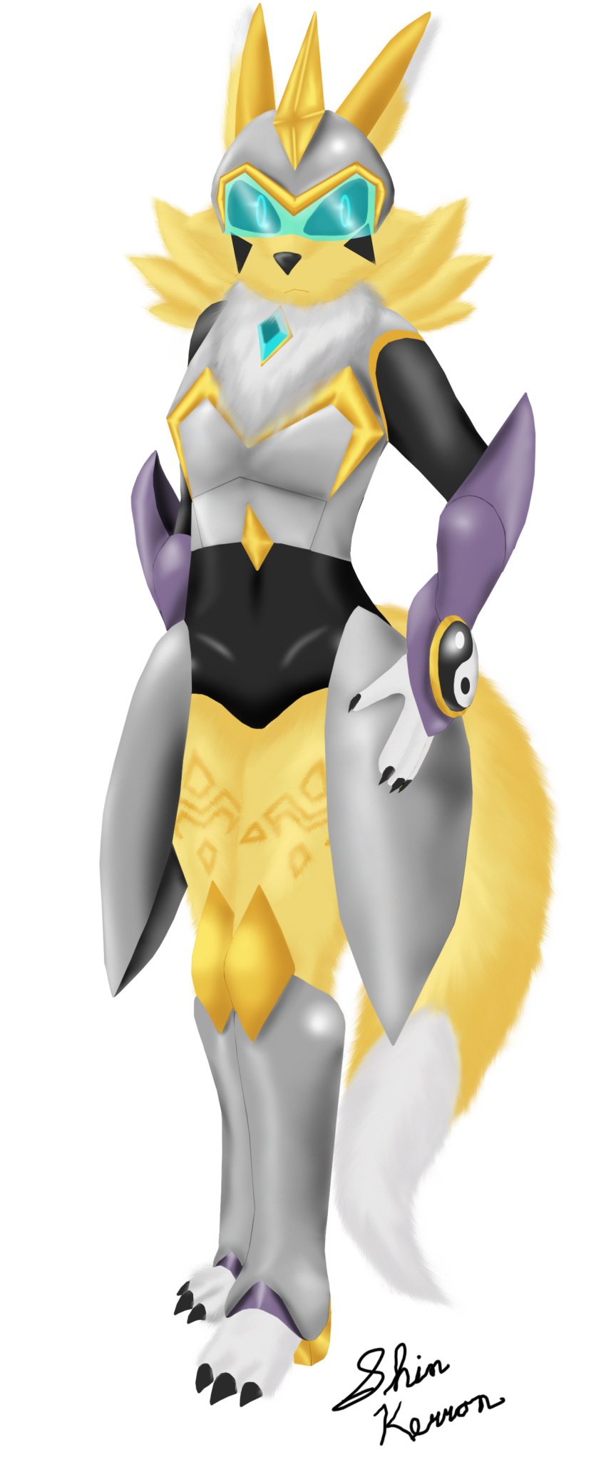 2019 absurd_res alpha_channel anthro armor bandai_namco blue_eyes canid canine clothing digimon digimon_(species) digital_media_(artwork) fan_character female fluffy fox fur fuzzy gwendolyn_(shin_kerron) headgear helmet hi_res looking_at_viewer mammal neck_tuft renamon shin_kerron solo tuft white_body white_fur yellow_body yellow_fur