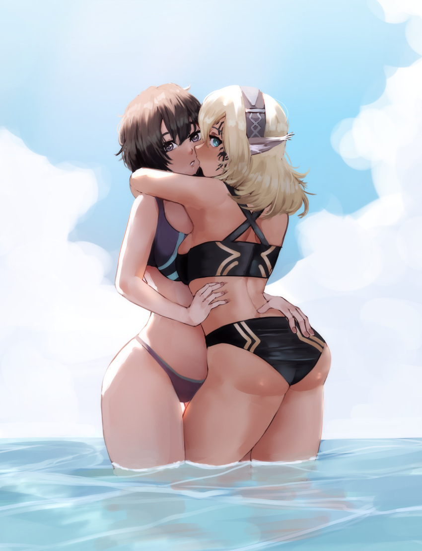 2girls ass black_eyes blue_eyes blue_sky brown_hair celica_(xenoblade_x) cloud commentary_request cross_(xenoblade_x) crossover elf erochi facial_tattoo headband highres hug multiple_girls ocean pointy_ears saliva saliva_trail short_hair sky swimsuit tattoo wading xenoblade_chronicles_(series) xenoblade_chronicles_x yuri