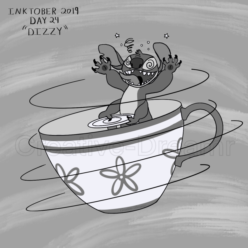 1:1 2019 4_arms 4_fingers alice_in_wonderland_(1951) alice_in_wonderland_(disney) alien amusement_park claws container creative-dreamr cup disney disney_parks dizzy english_text experiment_(lilo_and_stitch) fingers fur greyscale happy head_tuft inktober lilo_and_stitch mad_tea_party monochrome motion_lines multi_arm multi_limb notched_ear open_mouth open_smile pawpads raised_arm smile solo spinning spiral_eyes star stitch_(lilo_and_stitch) tea_cup text tongue tongue_out tuft watermark