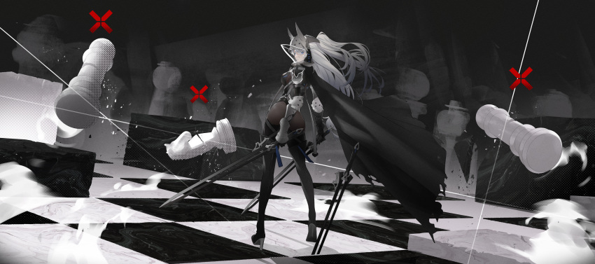 absurdres armor ass black_bodysuit black_cape black_footwear black_gloves black_thighhighs blue_eyes board_game bodysuit boots breasts cape chess chess_piece chessboard closed_mouth commentary dual_wielding english_commentary female from_behind gloves high_heels highres holding holding_sword holding_weapon igawa_hikaru king_(chess) knight_(chess) long_hair looking_at_viewer motion_blur original pawn_(chess) ponytail solo sword thigh_boots thighhighs very_long_hair visor_(armor) weapon white_hair