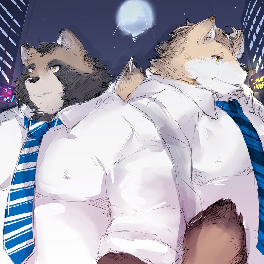 1:1 2019 anthro brown_body brown_fur canid canine clothing duo fox fur hi_res male mammal moon necktie night outside overweight overweight_male raccoon_dog shirt tanuki topwear yuuya333