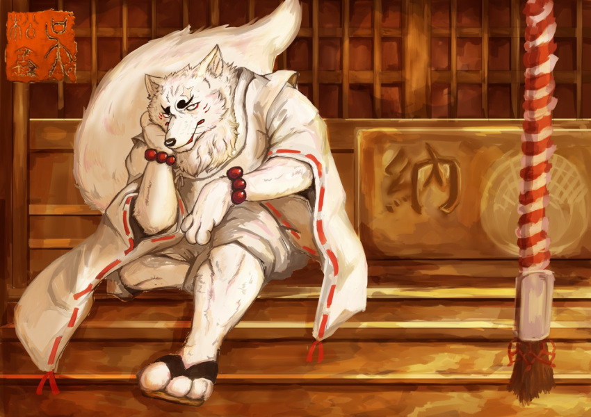 2015 anthro biped canid canine clothed clothing detailed_background footwear fox fur gingitsune gintaro humanoid_hands luluangel male mammal overweight overweight_anthro overweight_male sandals sitting solo white_body white_fur