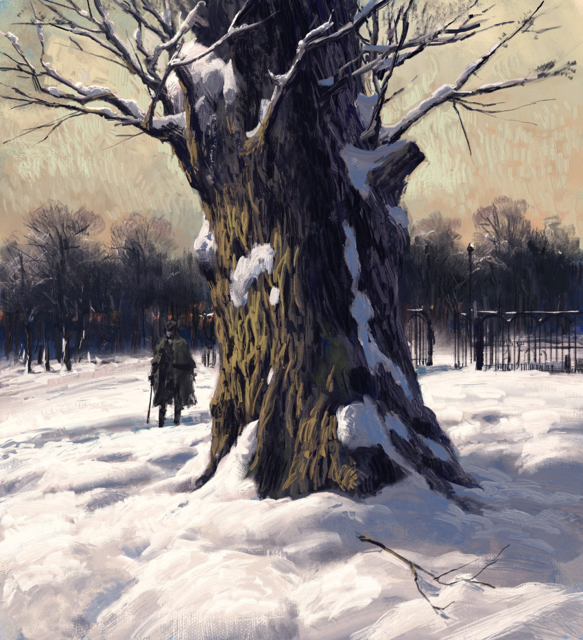 1other bare_tree boots brown_coat cane coat commentary day english_commentary espen_olsen_saetervik fence hat highres holding holding_cane knee_boots open_clothes open_coat original outdoors scenery snow solo standing tree tricorne winter