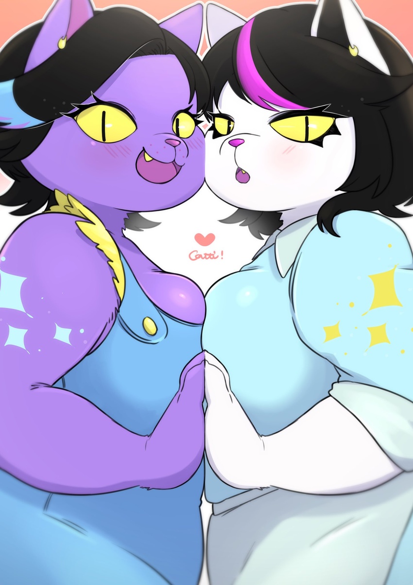 2girls anthro anthro_on_anthro belly big_breasts black_hair blue_highlights blush breast_frottage breast_squish breasts catti_(deltarune) catty_(undertale) cleavage clothed clothing deltarune domestic_cat duo ear_piercing ear_ring earrings fangs felid feline felis female fur hair heart highlights_(coloring) looking_at_viewer makeup mammal mascara obese obese_anthro open_mouth open_smile overalls overweight overweight_anthro overweight_female piercing piercings pink_highlights pupils purple_body purple_fur purple_highlights sfw short_hair simple_background sisters slit_pupils smile sparkles squish symmetrical_docking underchikichan undertale undertale_(series) video_games white_body white_fur yellow_sclera