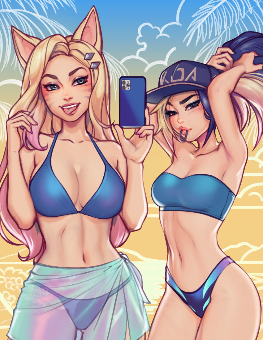 2girls absurdres ahri akali alternate_costume bikini black_hair blonde_hair blue_eyes blushypixy blushyspicy breast_size_difference breasts cap cleavage color female female_only hair_tie hair_tie_in_mouth hairpin height_difference highres hourglass_figure k/da_ahri k/da_akali k/da_series large_breasts league_of_legends looking_at_viewer midriff multicolored_hair navel neck phone pink_hair ponytail selfie small_breasts smartphone smile strapless strapless_top strapless_topwear taking_selfie tongue_out tubetop