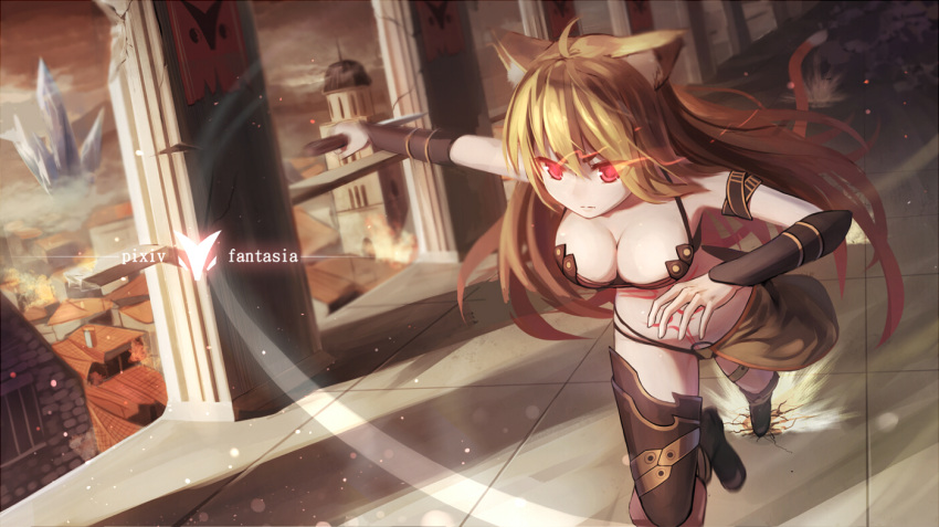 ahoge animal_ears armband armor banner bikini_armor blonde_hair breasts cat_ears cat_tail chinese_commentary city cleavage commentary_request copyright_name crack destruction female fire from_above full_body glowing glowing_eyes holding holding_knife knife large_breasts long_hair midriff outstretched_arm pixiv_fantasia pixiv_fantasia_t red_eyes revision running shadow solo tail tattoo tower vambraces xiaoyin_li