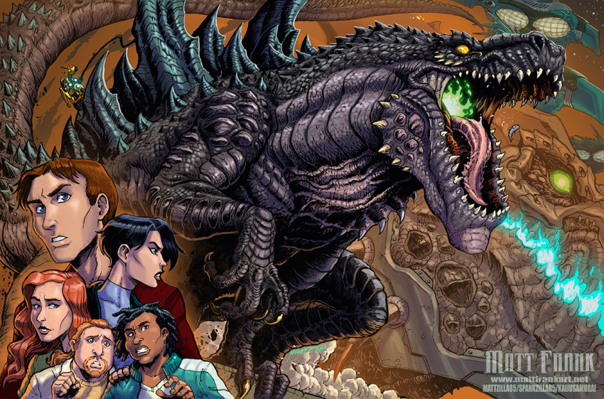 2girls 3boys blue_fire cyber_zilla fire giant giant_monster godzilla godzilla_(series) godzilla_the_series green_fire kaijuu matt_frank monster multiple_boys multiple_girls niko_tatopoulos open_mouth scales tongue zilla_jr.