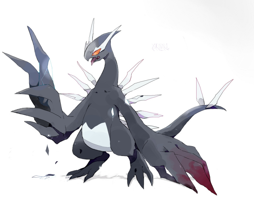 bad_id bad_pixiv_id colored_sclera commentary full_body lugia no_humans oerba_yun_fang open_mouth orange_sclera pokemon pokemon_(creature) shadow_lugia skin_fang solo standing tail tongue tongue_out white_background ytot_335